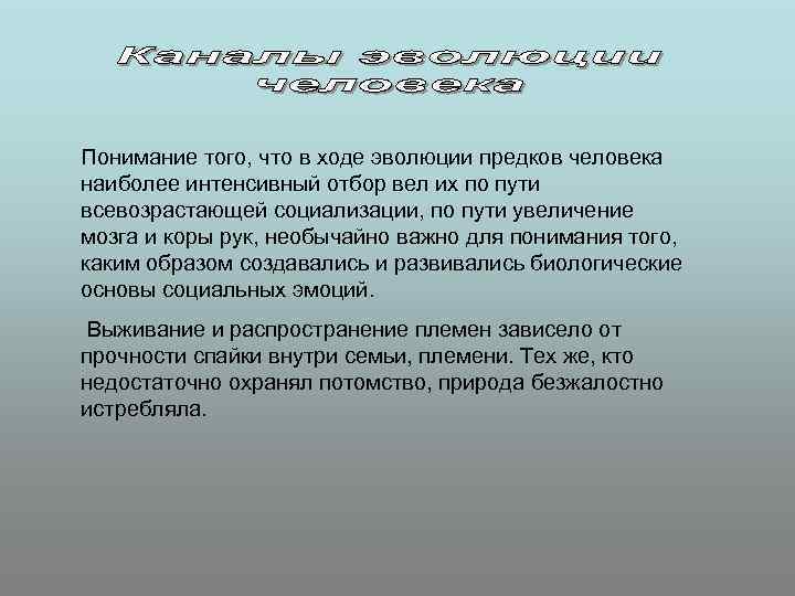 Понимание того, что в ходе эволюции предков человека наиболее интенсивный отбор вел их по