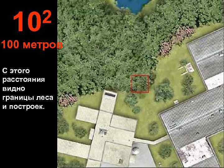  10 2 100 метров С этого расстояния видно границы леса и построек. 