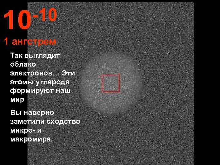 10 -10 1 ангстрем Так выглядит облако электронов… Эти атомы углерода формируют наш мир