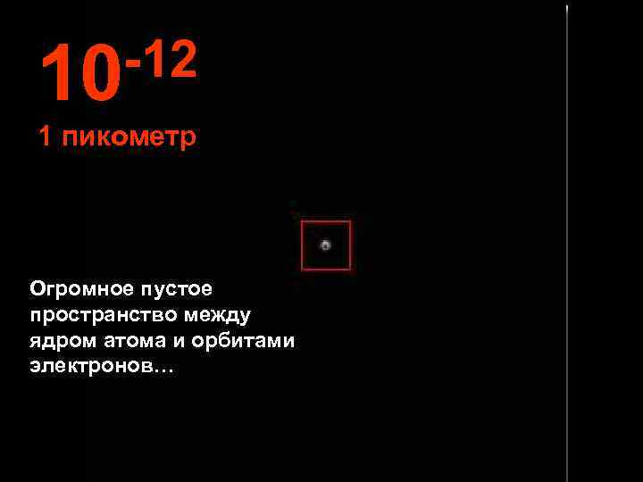 10 -12 1 пикометр Огромное пустое пространство между ядром атома и орбитами электронов… 