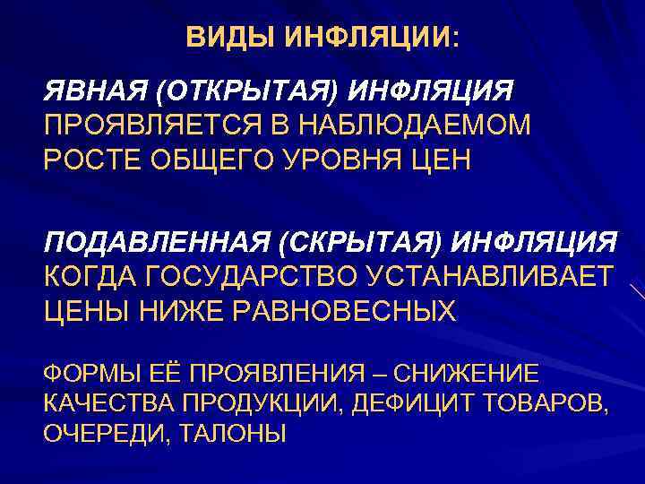    ВИДЫ ИНФЛЯЦИИ: ЯВНАЯ (ОТКРЫТАЯ) ИНФЛЯЦИЯ ПРОЯВЛЯЕТСЯ В НАБЛЮДАЕМОМ РОСТЕ ОБЩЕГО УРОВНЯ