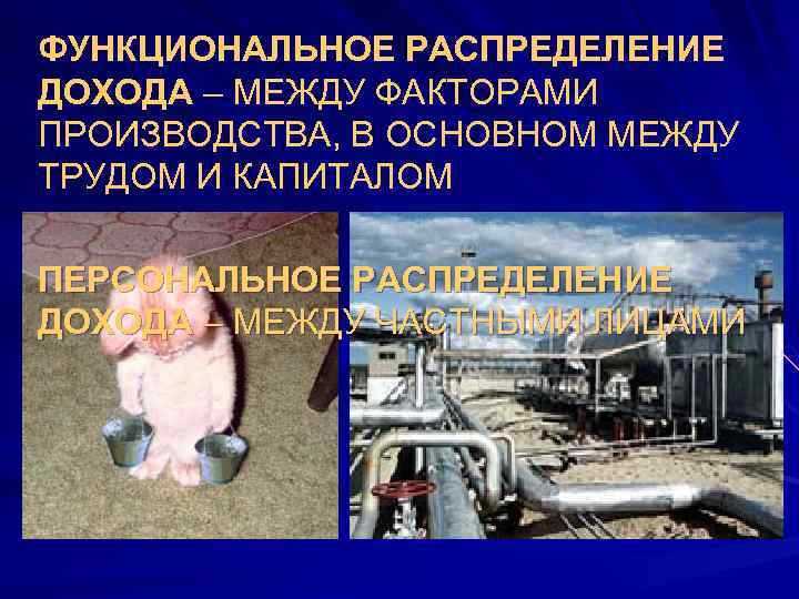  •  ФУНКЦИОНАЛЬНОЕ РАСПРЕДЕЛЕНИЕ ДОХОДА – МЕЖДУ ФАКТОРАМИ ПРОИЗВОДСТВА, В ОСНОВНОМ МЕЖДУ ТРУДОМ