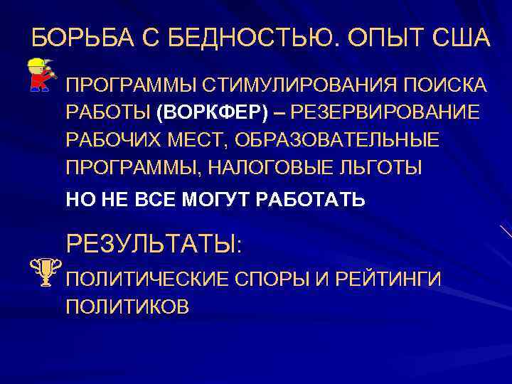   БОРЬБА С БЕДНОСТЬЮ. ОПЫТ США  ПРОГРАММЫ СТИМУЛИРОВАНИЯ ПОИСКА  РАБОТЫ (ВОРКФЕР)