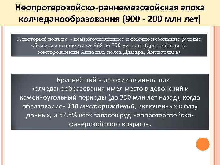 Неопротерозойско-раннемезозойская эпоха колчеданообразования (900 - 200 млн лет) Некоторый подъем - немногочисленные и обычно Неопротерозойско-раннемезозойская эпоха колчеданообразования (900 - 200 млн лет) Некоторый подъем - немногочисленные и обычно