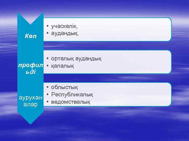    • учаскелік,  Көп  • аудандық,   • орталық