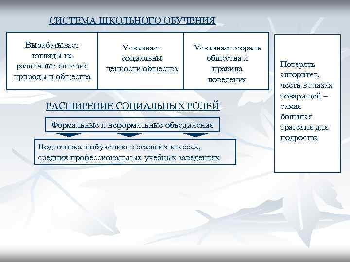   СИСТЕМА ШКОЛЬНОГО ОБУЧЕНИЯ Вырабатывает   Усваивает мораль взгляды на  