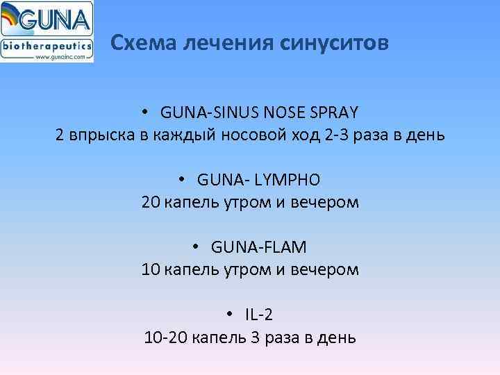  Схема лечения синуситов   • GUNA-SINUS NOSE SPRAY 2 впрыска в каждый