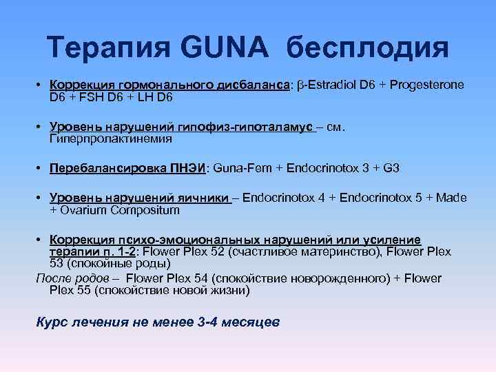  Терапия GUNA бесплодия • Коррекция гормонального дисбаланса: β-Estradiol D 6 + Progesterone 