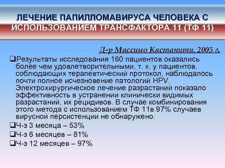  ЛЕЧЕНИЕ ПАПИЛЛОМАВИРУСА ЧЕЛОВЕКА С ИСПОЛЬЗОВАНИЕМ ТРАНСФАКТОРА 11 (ТФ 11)    