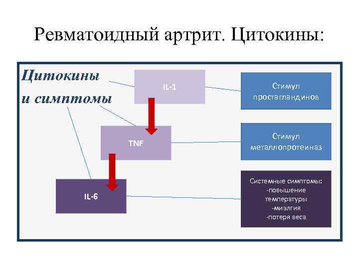  Ревматоидный артрит. Цитокины: Цитокины    IL-1  Стимул и симптомы 