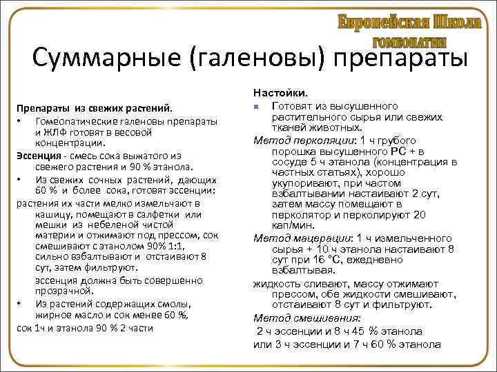   Суммарные (галеновы) препараты    Настойки. Препараты из свежих растений. 