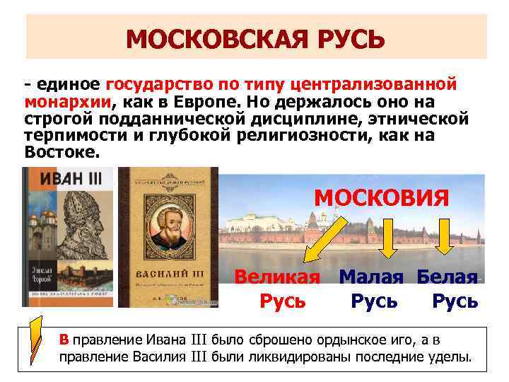   МОСКОВСКАЯ РУСЬ - единое государство по типу централизованной монархии, как в Европе.