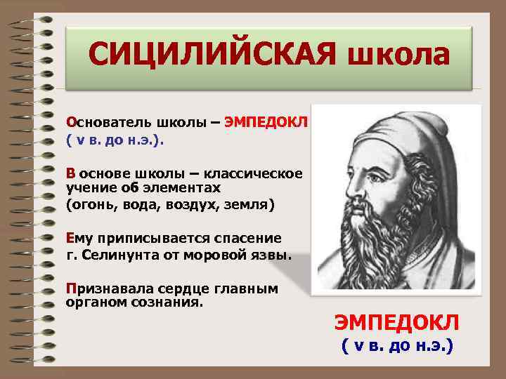  СИЦИЛИЙСКАЯ школа Основатель школы – ЭМПЕДОКЛ ( v в. до н. э. ).