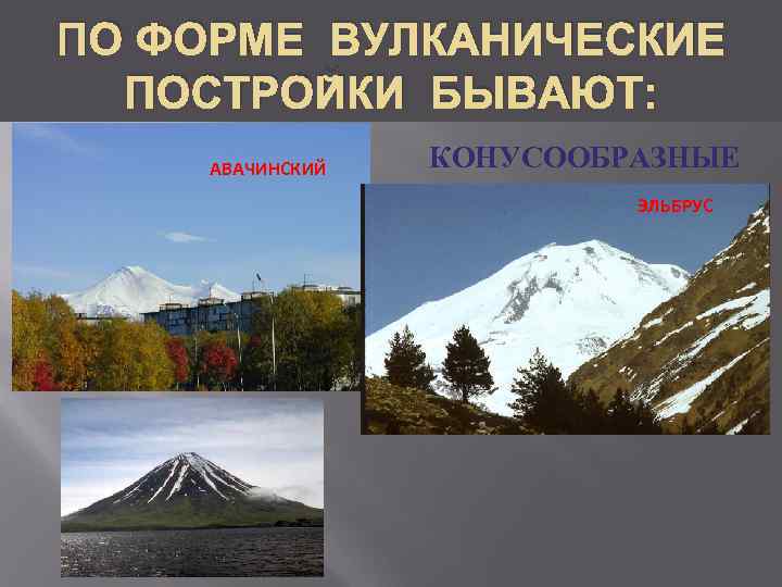 ПО ФОРМЕ ВУЛКАНИЧЕСКИЕ  ПОСТРОЙКИ БЫВАЮТ: АВАЧИНСКИЙ  КОНУСООБРАЗНЫЕ     