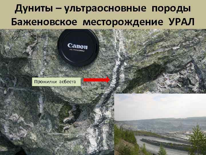  Дуниты – ультраосновные породы Баженовское месторождение УРАЛ  Прожилки асбеста 
