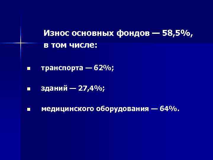    Износ основных фондов — 58, 5%,  в том числе: 