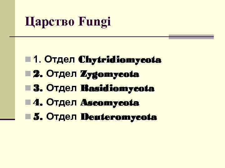 Царство Fungi n 1. Отдел Chytridiomycota n 2. Отдел Zygomycota n 3. Отдел Basidiomycota