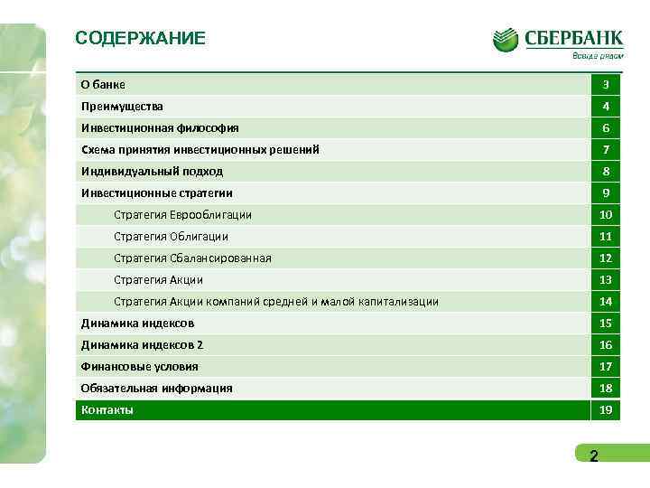 СОДЕРЖАНИЕ О банке     3 Преимущества     4