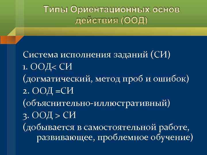   Типы Ориентационных основ  действия (ООД)  Система исполнения заданий (СИ) 1.