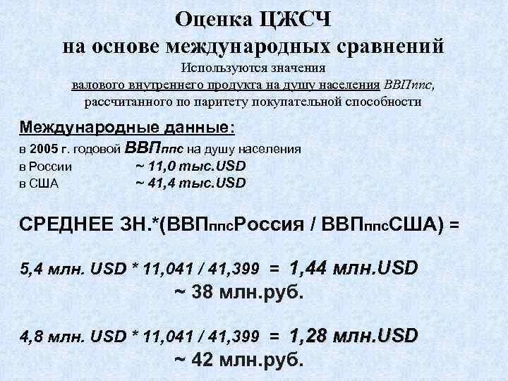     Оценка ЦЖСЧ   на основе международных сравнений  