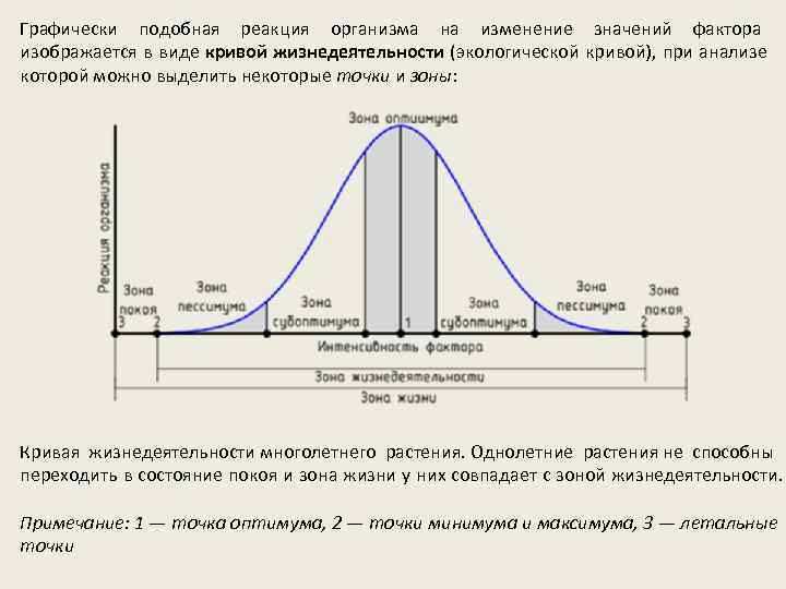 Графически подобная реакция организма на изменение значений фактора изображается в виде кривой жизнедеятельности (экологической