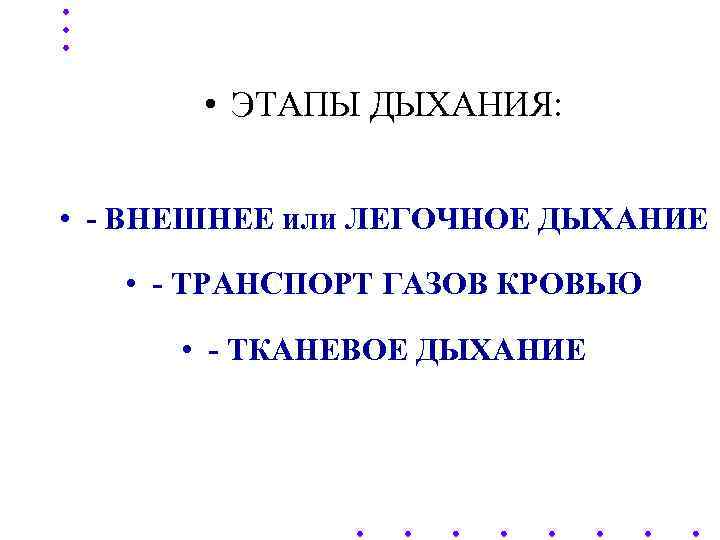   • ЭТАПЫ ДЫХАНИЯ:   •  • - ВНЕШНЕЕ или ЛЕГОЧНОЕ