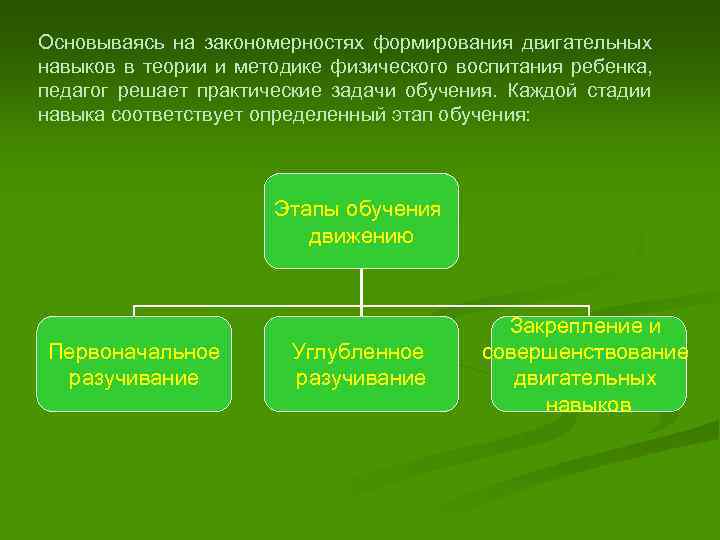 Основываясь на закономерностях формирования двигательных навыков в теории и методике физического воспитания ребенка, педагог
