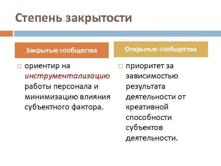 Степень закрытости Закрытые сообщества  Открытые сообщества ориентир на    приоритет за