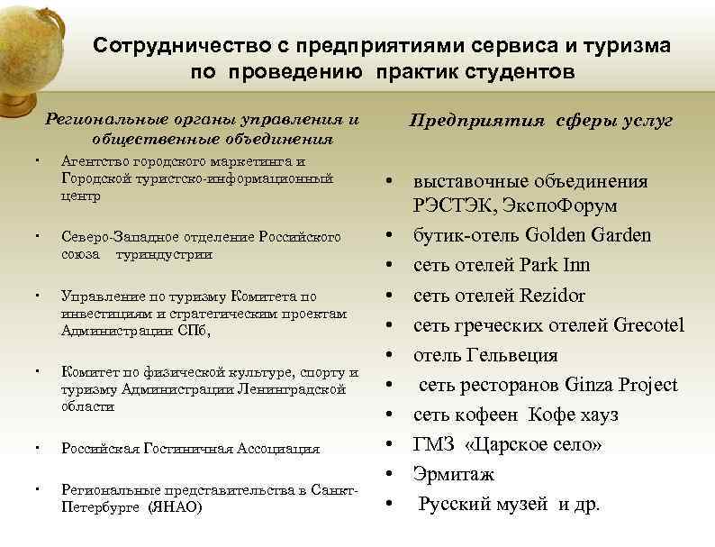 Сотрудничество с предприятиями сервиса и туризма по проведению практик Сотрудничество с предприятиями сервиса и туризма по проведению практик