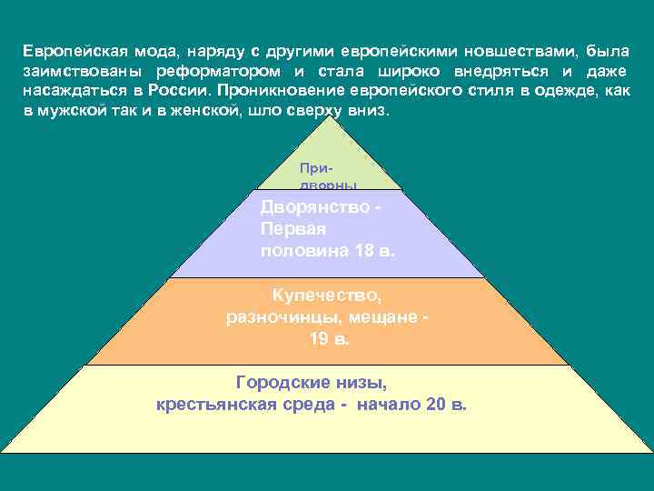 Европейская мода, наряду с другими европейскими новшествами, была заимствованы реформатором и стала широко внедряться