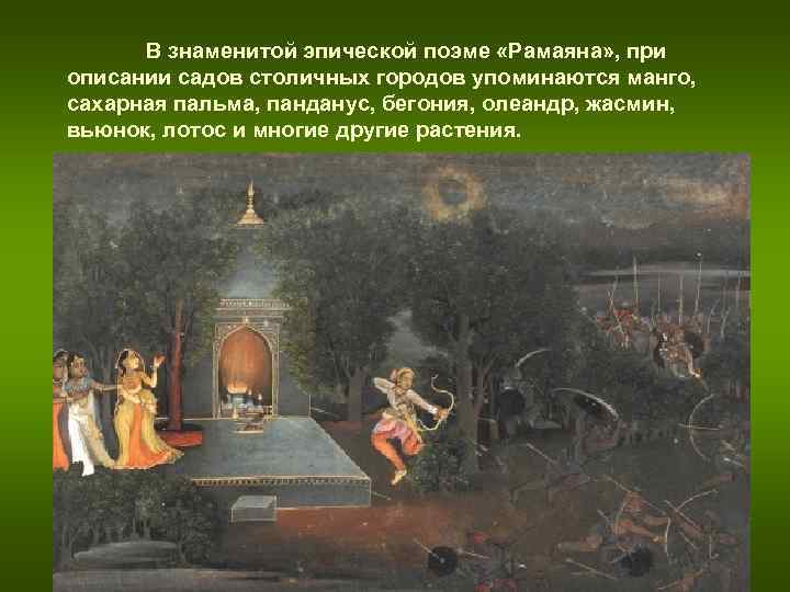 В знаменитой эпической поэме «Рамаяна» , при описании садов столичных городов упоминаются манго, В знаменитой эпической поэме «Рамаяна» , при описании садов столичных городов упоминаются манго,