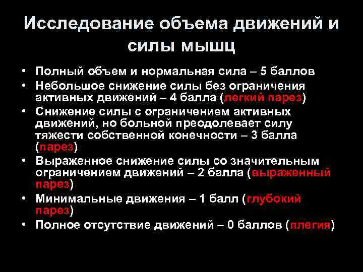 Ограничение объема. Объем активных движений в конечностях. Исследование объема активных движений в конечностях.. Исследование произвольных движений. Мышечная сила в баллах неврология.