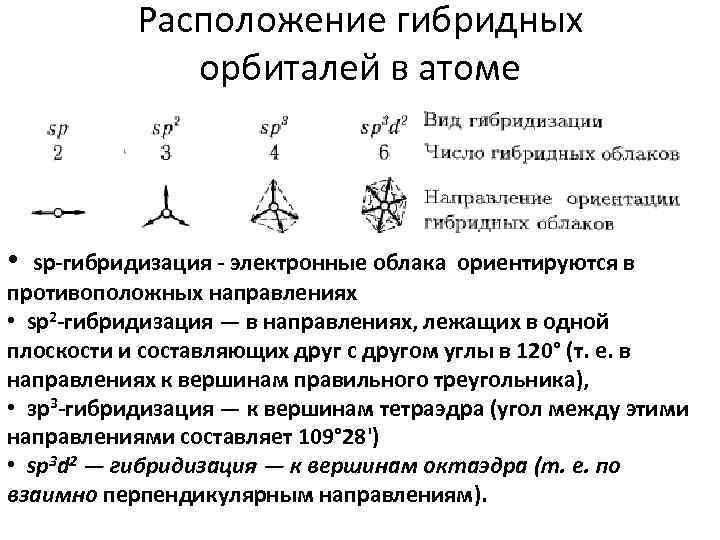   Расположение гибридных    орбиталей в атоме •  sp-гибридизация -