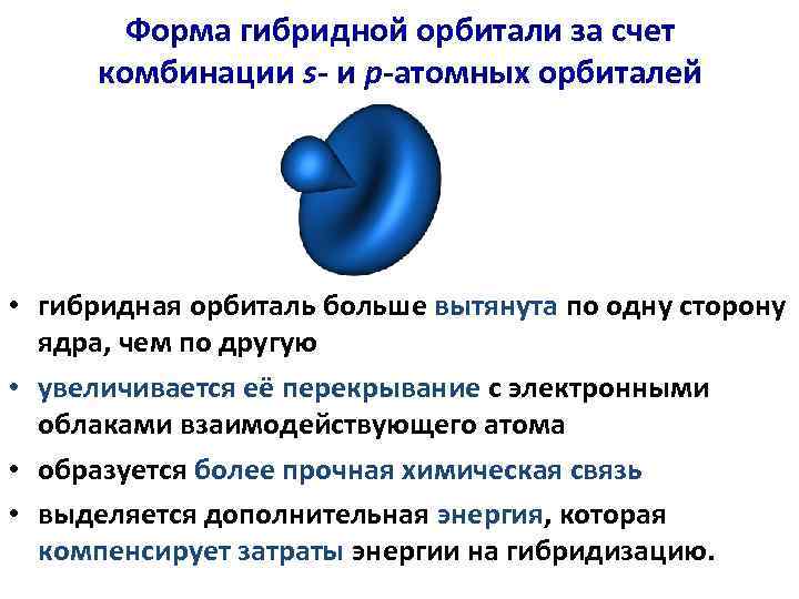   Форма гибридной орбитали за счет  комбинации s- и p-атомных орбиталей •