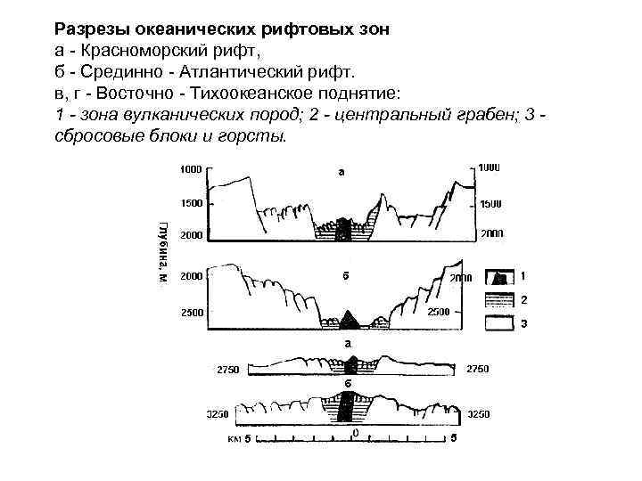 Разрезы океанических рифтовых зон а - Красноморский рифт, б - Срединно - Атлантический рифт.