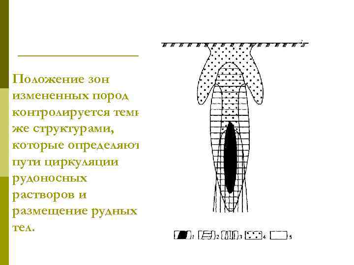 Положение зон измененных пород контролируется теми же структурами, которые определяют пути циркуляции рудоносных растворов