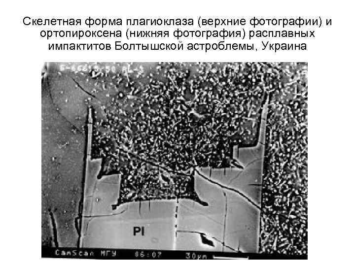 Скелетная форма плагиоклаза (верхние фотографии) и ортопироксена (нижняя фотография) расплавных импактитов Болтышской астроблемы, Украина