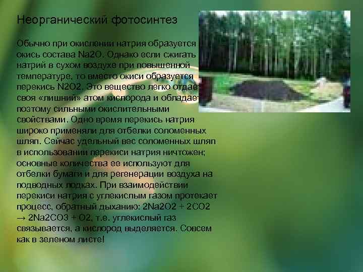 Неорганический фотосинтез Обычно при окислении натрия образуется окись состава Na 2 О. Однако если