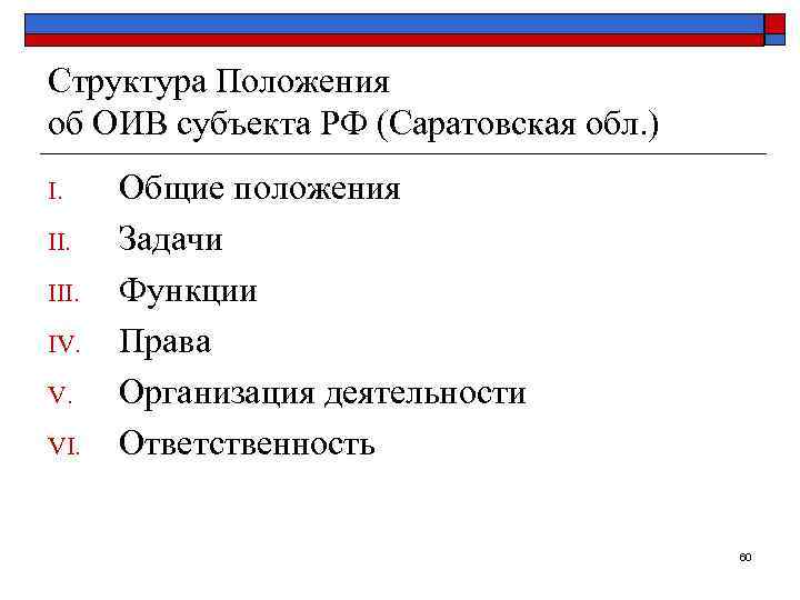 Структура Положения об ОИВ субъекта РФ (Саратовская обл. ) I. Общие положения II. Задачи