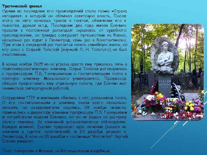 Трагический финал Одним из последних его произведений стала поэма «Страна негодяев» , в которой