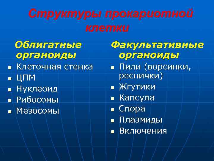   Структуры прокариотной    клетки Облигатные   Факультативные органоиды n
