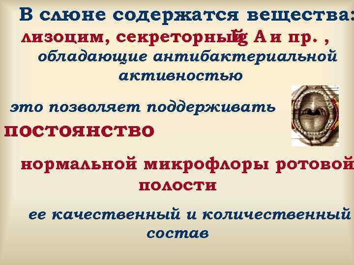  В слюне содержатся вещества:  лизоцим, секреторный A и пр. ,  