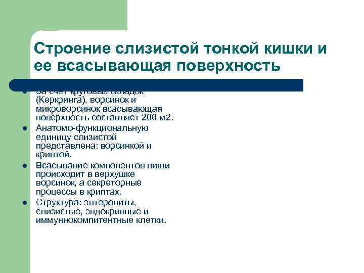   Строение слизистой тонкой кишки и ее всасывающая поверхность l  За счет