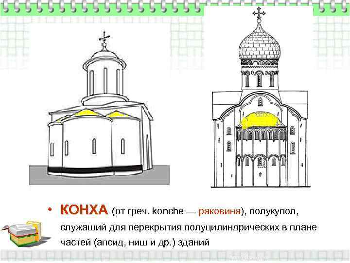  • КОНХА (от греч. konche — раковина), полукупол,  служащий для перекрытия полуцилиндрических