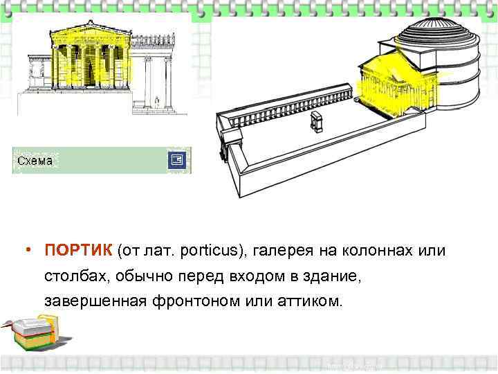  • ПОРТИК (от лат. porticus), галерея на колоннах или  столбах, обычно перед