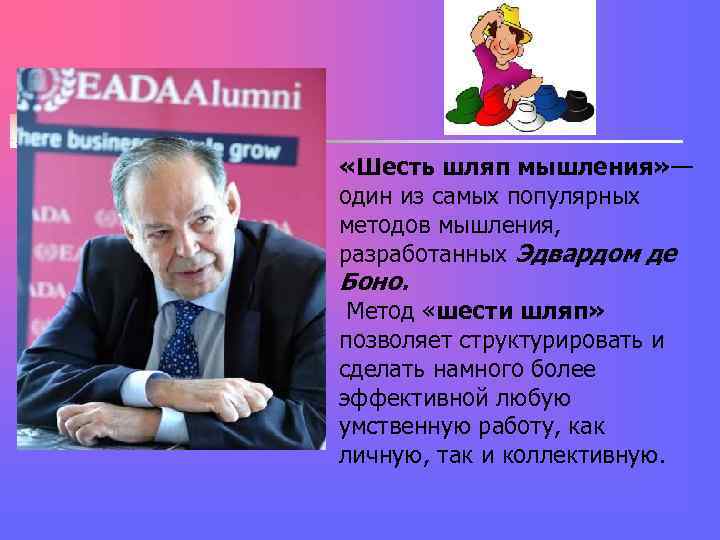 «Шесть шляп мышления» — один из самых популярных методов мышления, разработанных Эдвардом «Шесть шляп мышления» — один из самых популярных методов мышления, разработанных Эдвардом