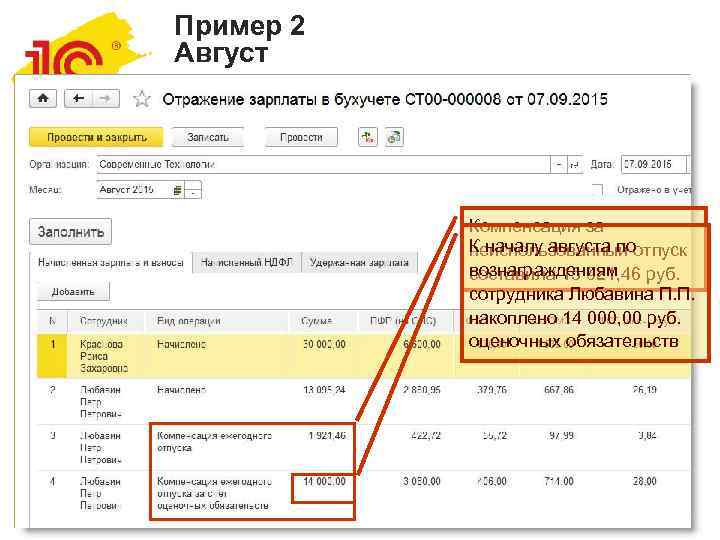 Пример 2 Август    Компенсация за  К началу августа поотпуск 