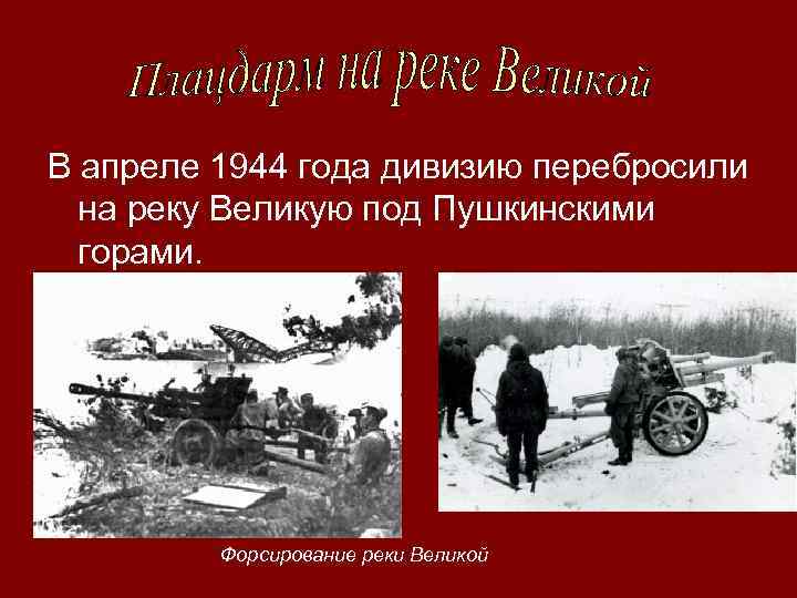 В апреле 1944 года дивизию перебросили  на реку Великую под Пушкинскими  горами.
