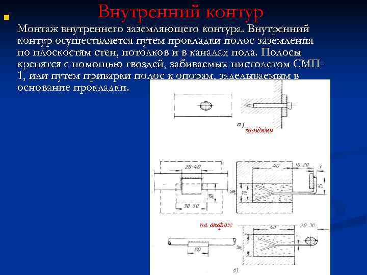 n   Внутренний контур Монтаж внутреннего заземляющего контура. Внутренний контур осуществляется путем прокладки