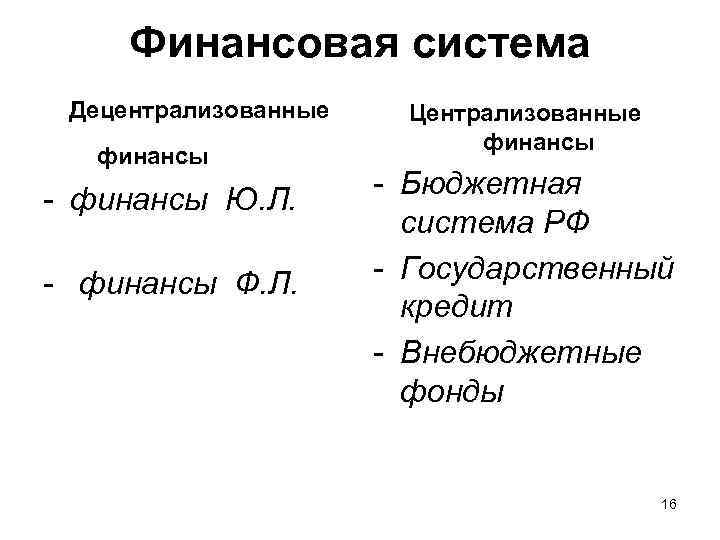  Финансовая система Децентрализованные Централизованные     финансы - финансы Ю. Л.